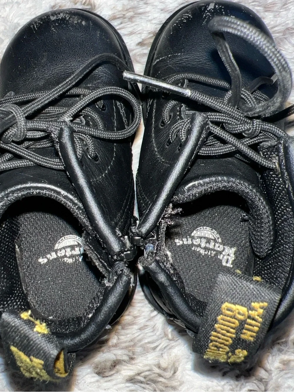 Dr. Martens Kids Black Leather Lace-Up Boots with Yellow Stitching